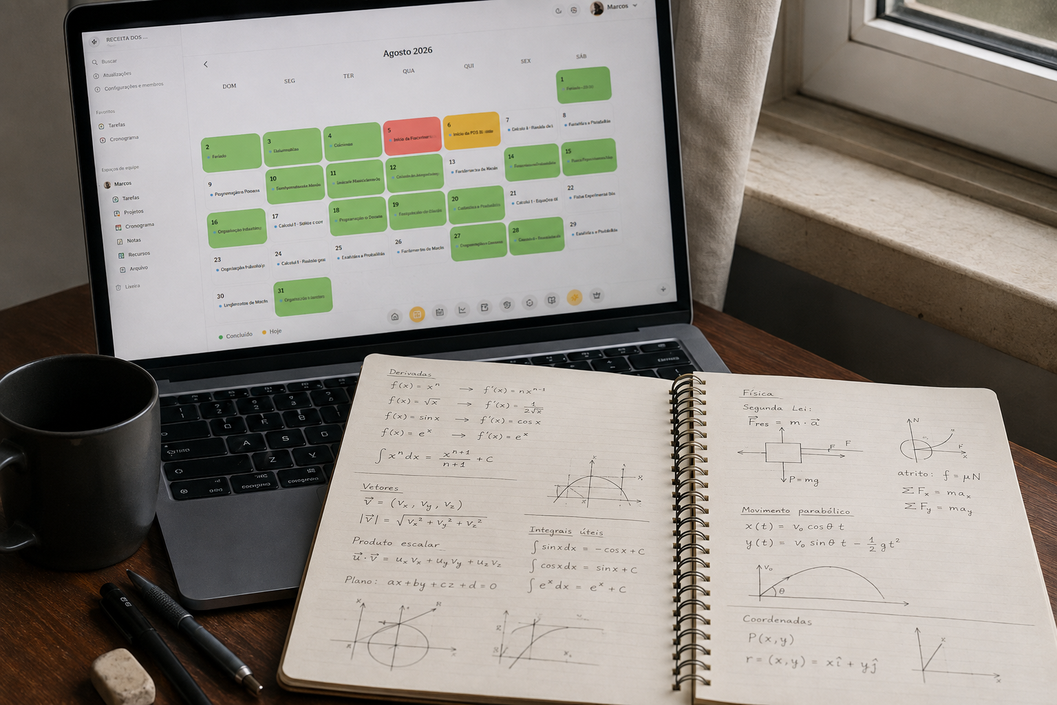 Notebook com cronograma de estudos do Focus ao lado de um caderno de anotações