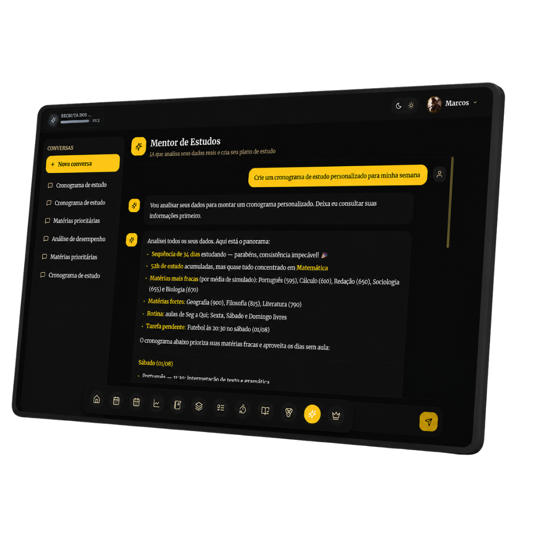 Interface do Mentor de Estudos do Focus mostrando análise de desempenho e cronograma personalizado